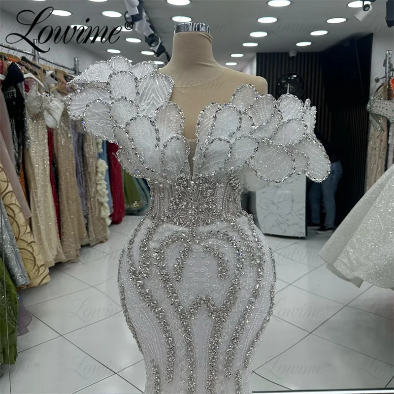 Ivory White 3D Leafs Aso Ebi Prom Dress Customized Sparkly Crystals Long Engagement Gowns Off The Shoulder Luxury Evening Dress