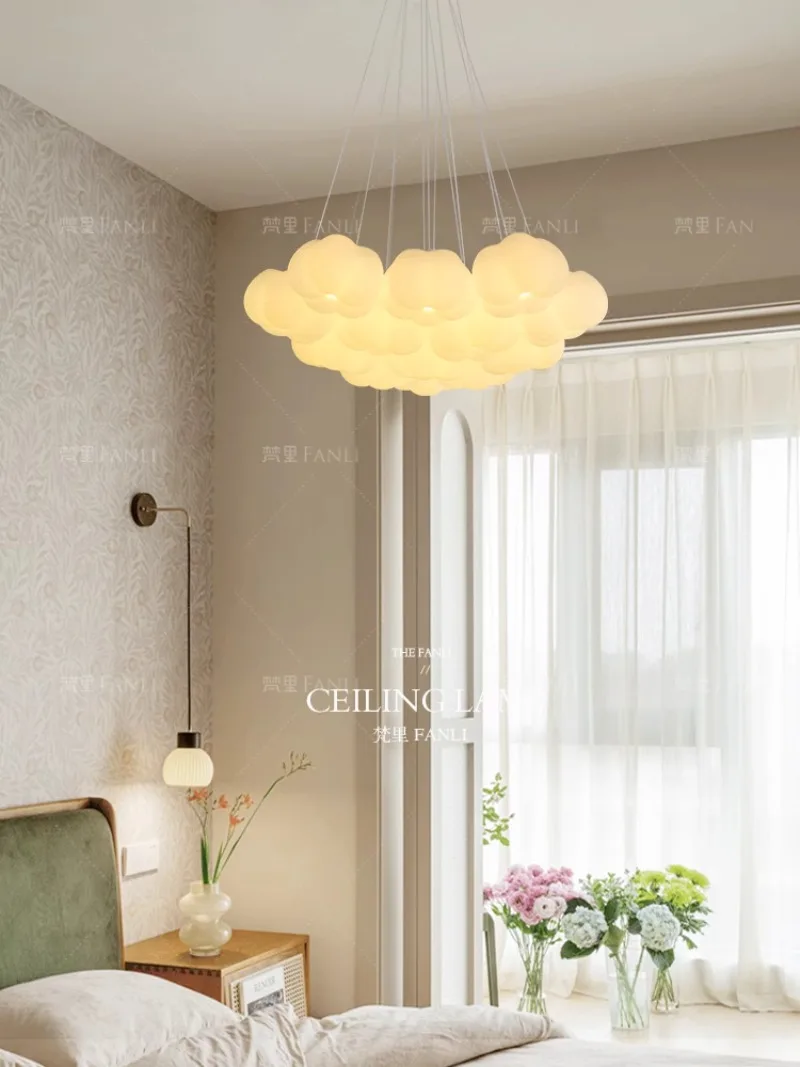 French Cream Style Living Room Bedroom Cotton Cloud Pendant Light Retro Restaurant Pumpkin Glass Light