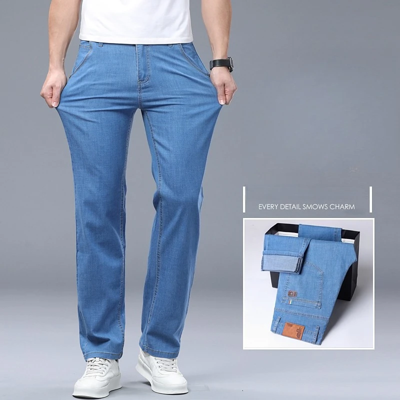 Men's Summer Thin Jeans Light Blue Straight Leg Casual Denim Pants Breathable Comfortable Business Male Trousers Fashion Daily