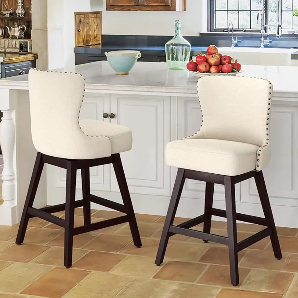 

Counter Height Bar Stools Set of 2, 26" H Swivel Bar Stool with Back, Linen Fabric Counter Stool, Solid Wood Legs