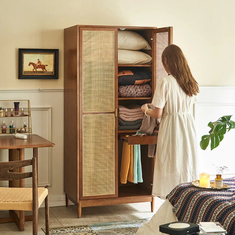 

Vintage rattan wardrobe Nordic small bedroom solid wood storage cabinet locker B&B Inn Jifeng wardrobe