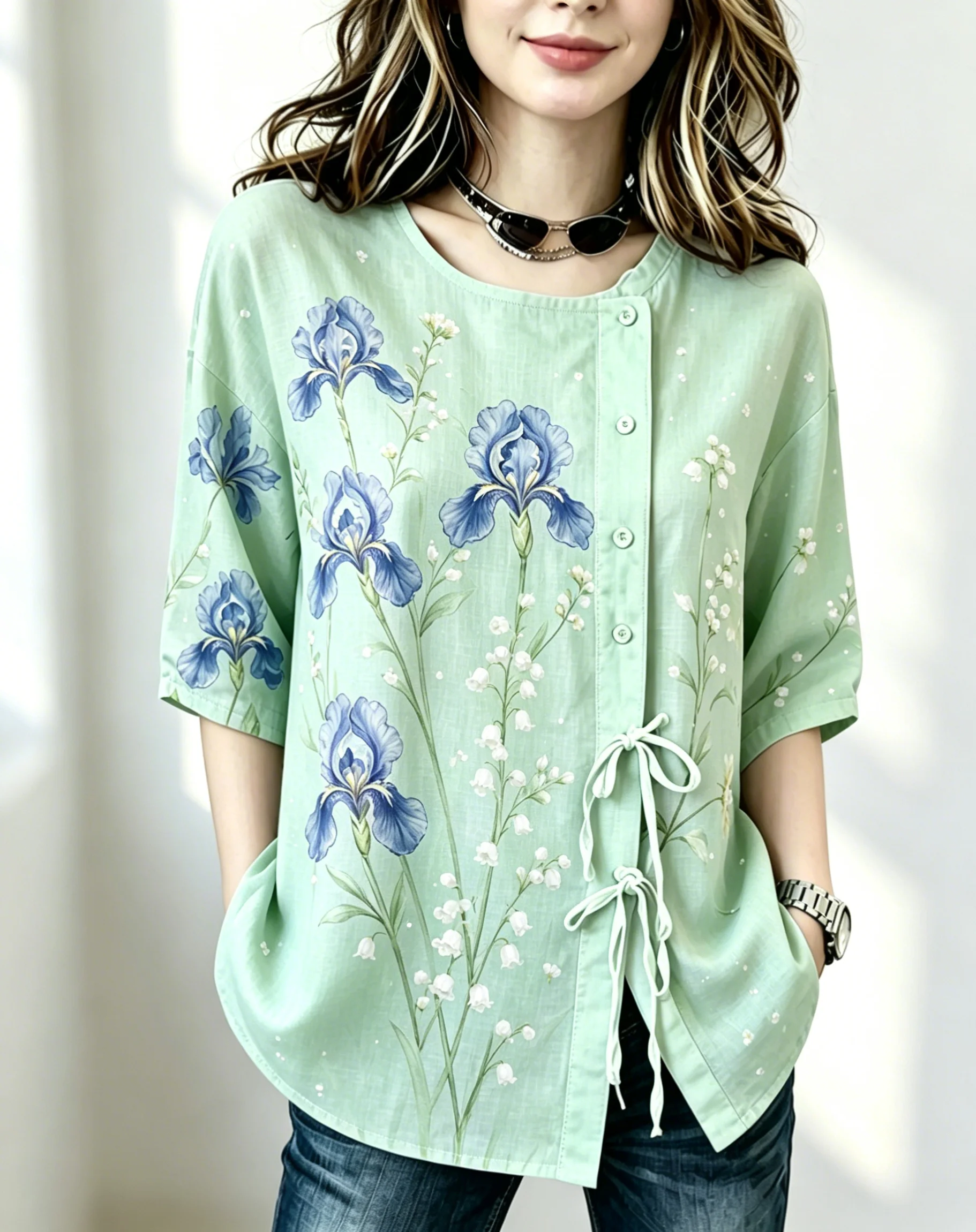 

Women's Mint Green Iris Print Drawstring Button Up Blouse, Casual Round Neck Tops for Spring Summer Daily Vacation Wear