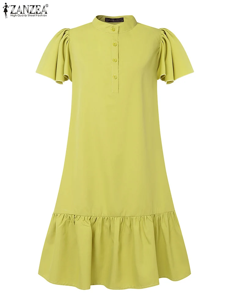 Stilvolle Rüschen Damenkleider 2025, ZANZEA Sommerkleid, Stehkragen, kurze Ärmel, Arbeit, Vestidos, Mode, Urlaub, Sommerkleid, Minikleid
