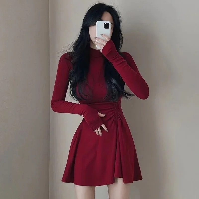 Korean Chic Spring and Autumn Sensibility Pleated Waist-Fitted Half Polo/Turtle Neck Fleece-Lined Long Sleeve Underwear Dress Fo