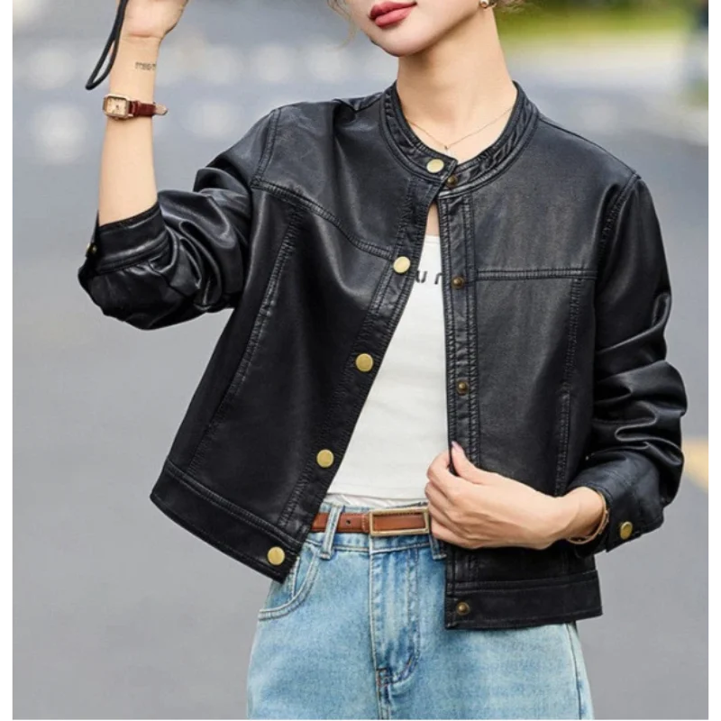 

Women's Short Korean Style Leather Jacket Biker Coat Autumn Winter New Style Stand Collar Fashion Casual High End Top
