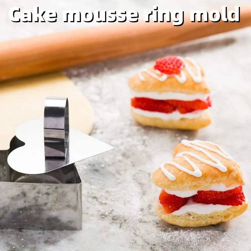 Roestvrijstalen Bakgereedschap Mini Cakevorm Mousse Ringen Met Duwplaat Hart 1 Stuk