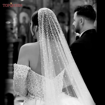 TOPQUEEN V139 Luxury Cathedral 3/5M Long Wedding Veil With Pearls High End Beaded 1 Tier Pearl Veil Bridal Hair Accessories