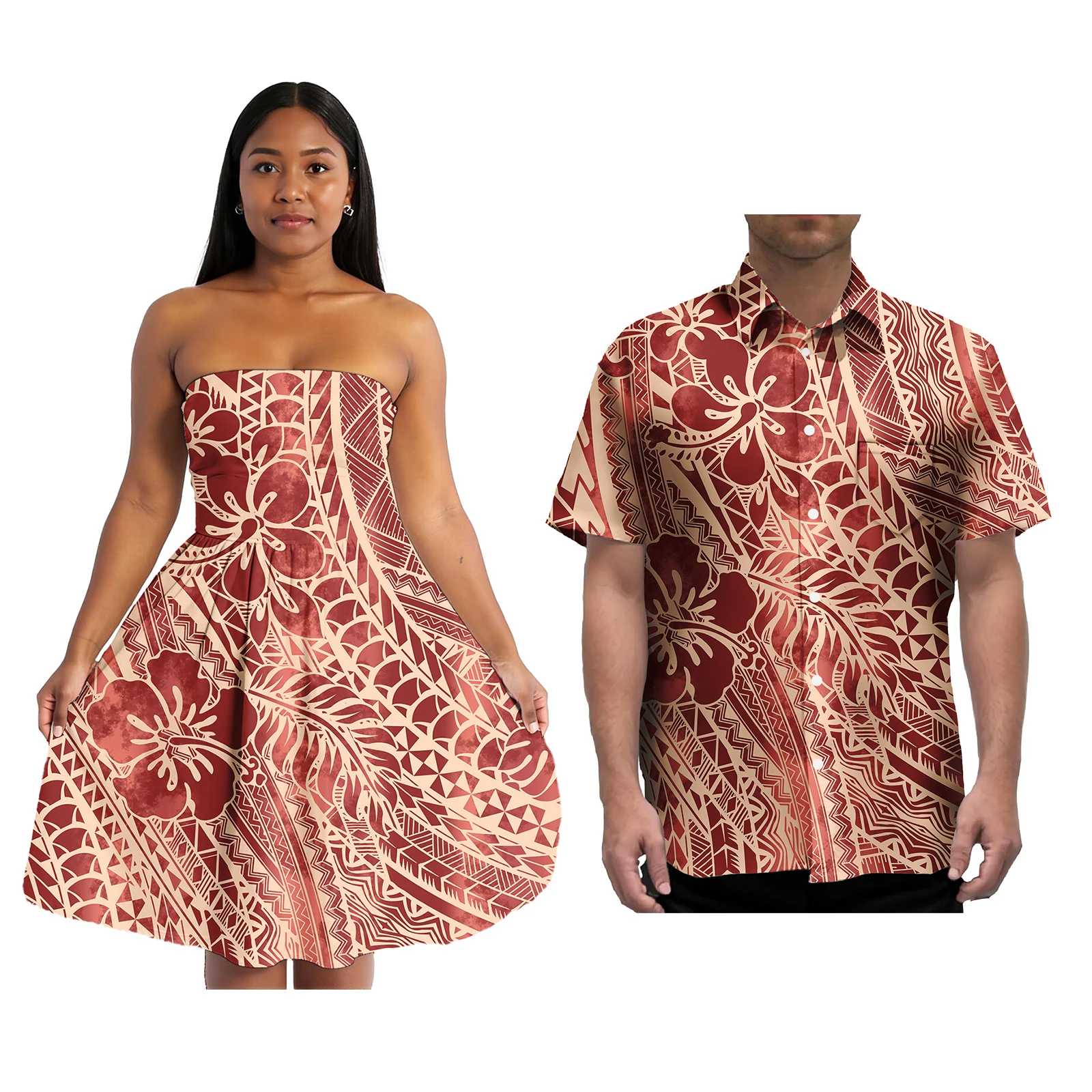 ซามัว Puletasi ชุดจับคู่ Aloha Mens เสื้อคู่เสื้อผ้าสไตล์ฮาวายออกแบบโลโก้ที่กําหนดเองผู้หญิงชุดมินิ
