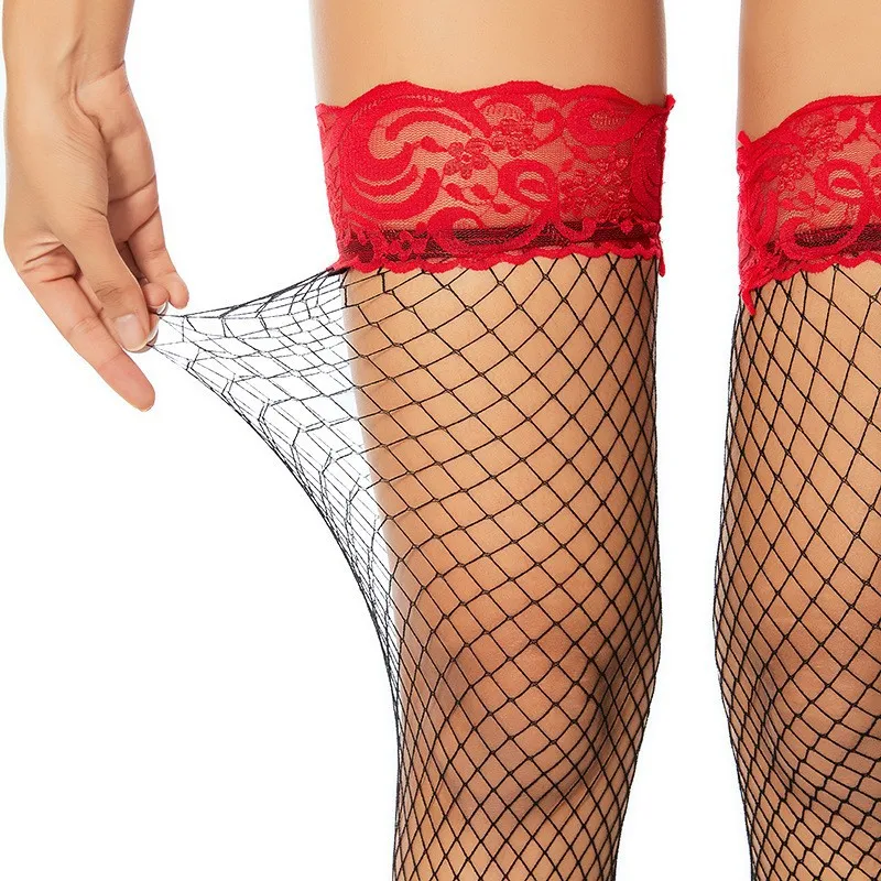 Red Lace over-the-Knee Fishnet Stockings Long Vintage Contrast Color Lady Sexy Thigh Medium Mesh High Stockings