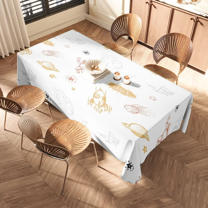 Juego de mesa de comedor moderna con mantel estampado blanco y sillas de madera para decoración del hogar, diseños dorados