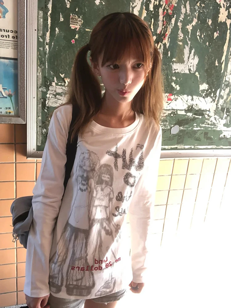 Tonngirls Y2k Japanses Graphic Tops Women Long Sleeve Print T-shirt Streetwear American Retro Vintage Tops Tee Aesthetic 2000s