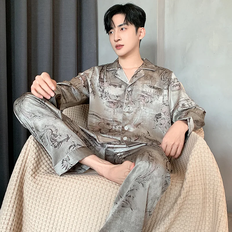 Men's Pyjamas Soft Cozy Long Sleeve Sleepwear Set Thin Ice Silk Print Satin Nightwear Suit Male Top Pants Home Clothing Pajamas