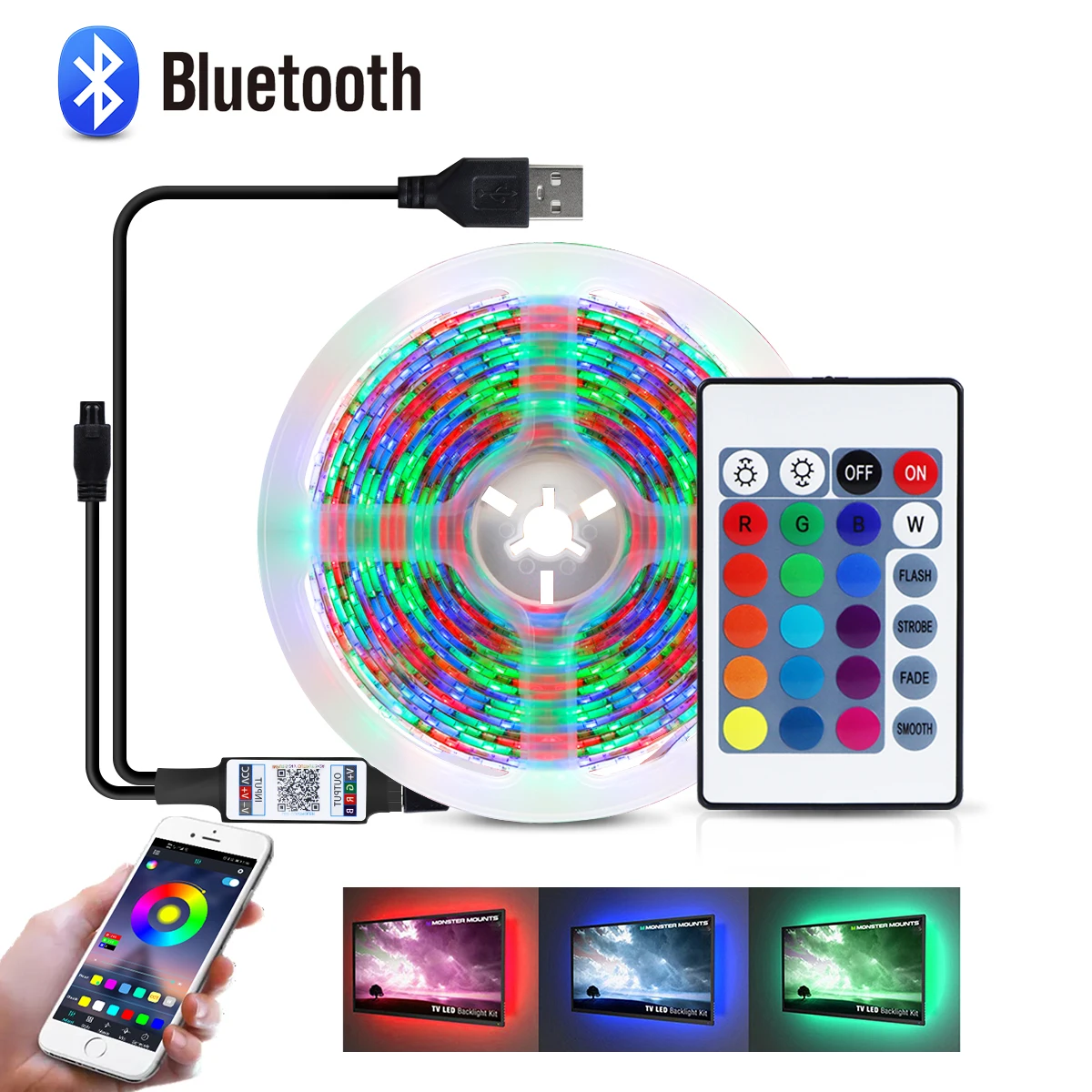 Kontroler taśm LED 5V Bluetooth RGB z 24 klawiszami zdalnej taśmy diodowej USB Sterowanie aplikacją na telefonie muzycznym Regulacja jasności dla 2835 Ligh