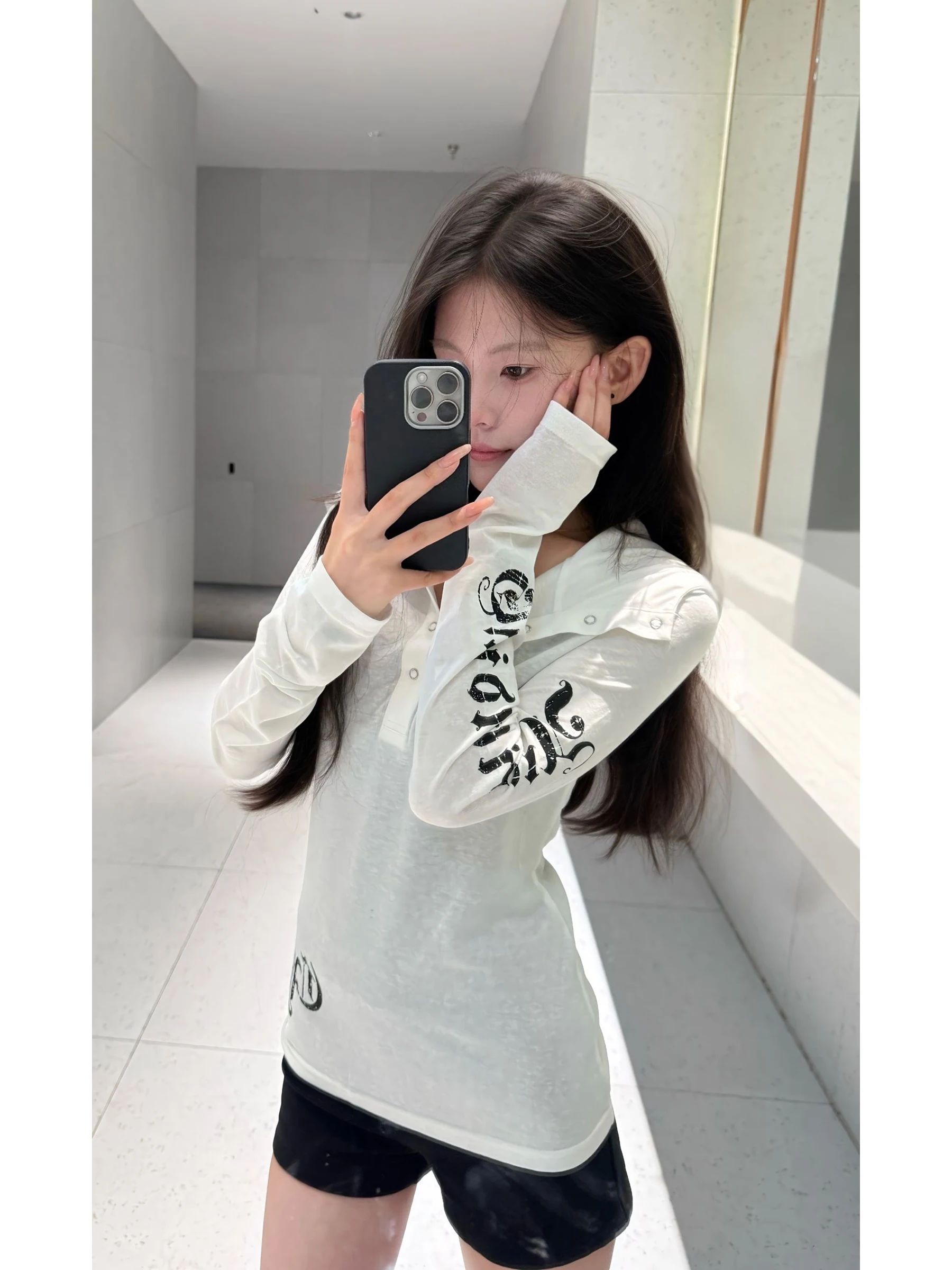 

American Gothic Long Sleeved Hooded T-shirt Autumn New Slim Fit Chiffon Sunscreen Cover Shirt Spicy Girl Y2k Aesthetic Clothes