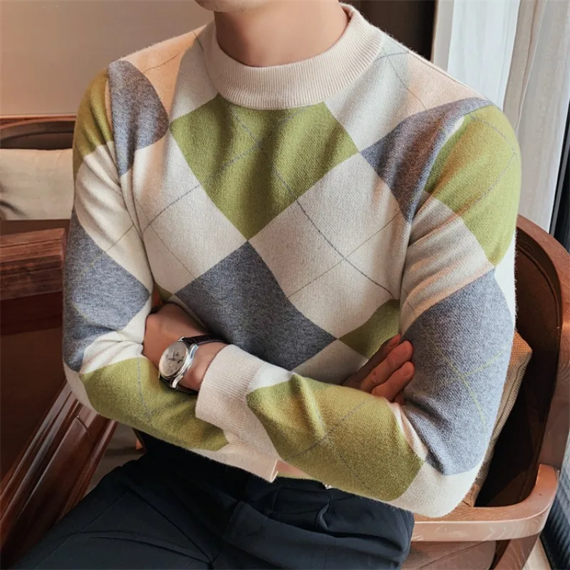 2023 Winter Contrasting Splicing Knitted Sweater Men Brand Slim Fit Casual Business Round Neck Pullover Social Party Streetwear