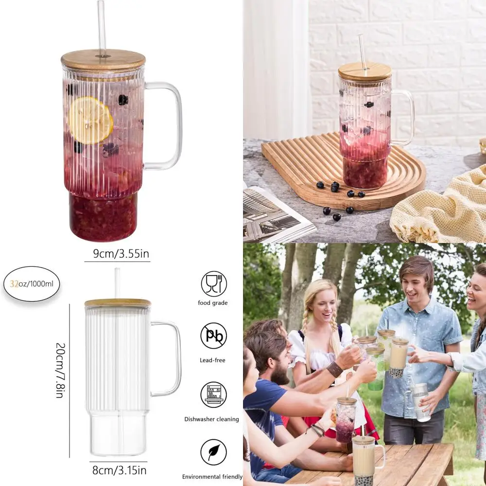

32oz ribbed glass cup with handle bamboo lid and straw, glass tumbler, iced coffee cups hot/cold drinks
