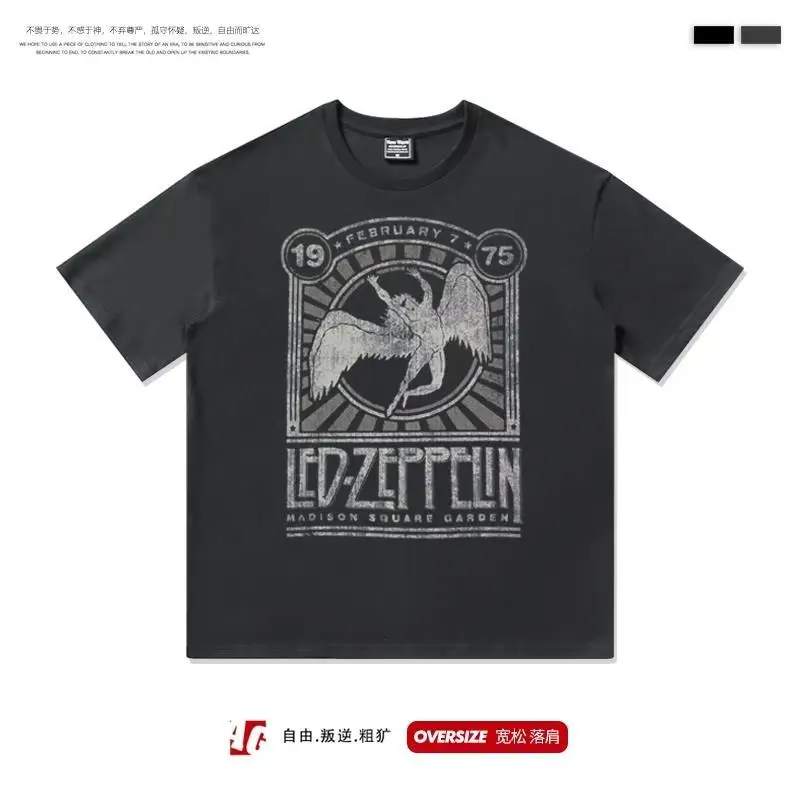 Same Style Zeppelin Airship LedZeppelin Hip-hop Rock Print Loose Casual Trend Short Sleeved T-shirt Over