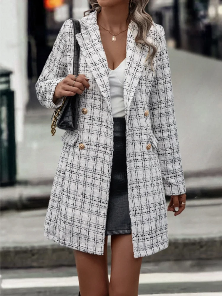 

Women Double Breasted Simple Overcoat Stylish Contrast Color Lapel Suits Coat Fall Winter New Long Sleeve Slim Commute Outerwear