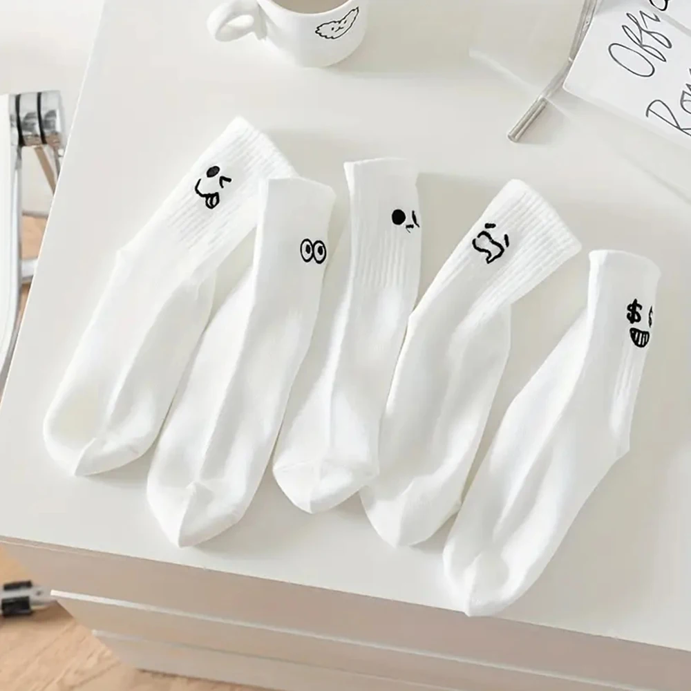 5 Pairs Women White Cartoon Socks Trendy Versatile Expression Socks With Simple Design Soft Breathable Comfortable Casual Socks