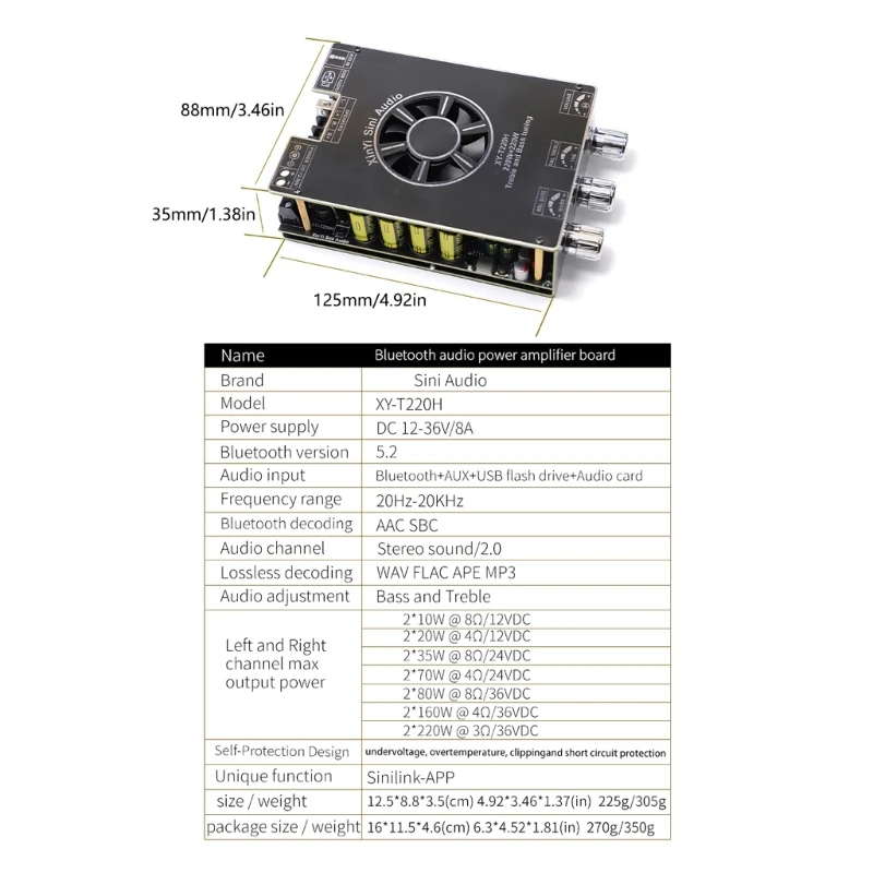 XYT220H Amplificateurs compatibles Bluetooth Tech, 220W, 220W, Treble Bass Dead Adjustment, 2 canaux, TPA 3 gâche, 20Hz-20KHz