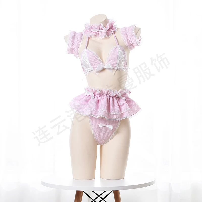 Uniforme Sirvienta Rose Bikini Collection ropa interior Sexy tentación de tres puntos ahuecado personaje seductor mucama apasionada Pl