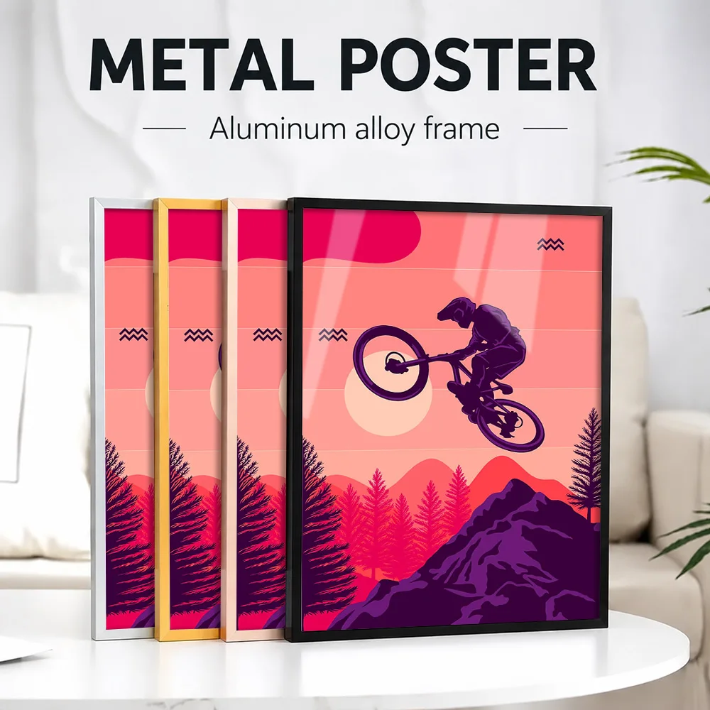 Mountain Biker Pink Sunset Framed Metal Poster Personalized Photo Serene Scenic Style Wall Art For Home Office Collector Gift