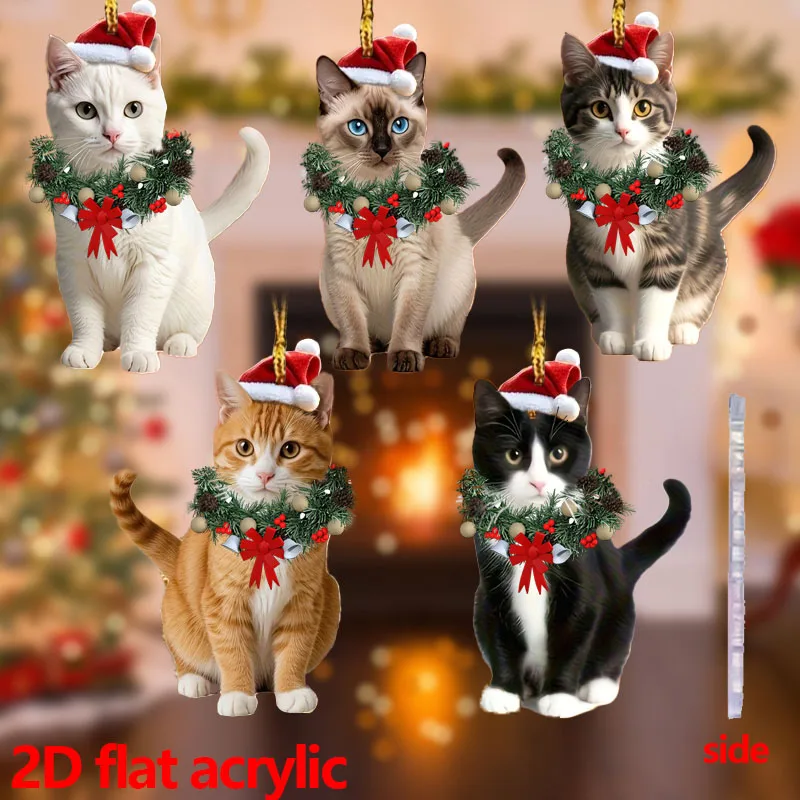 5-teilige Weihnachtskatzen-Ornamente. Katze mit Weihnachtsmütze aus Acryl-Ornamenten – Weihnachtsbaumschmuck – Weihnachtsgeschenke