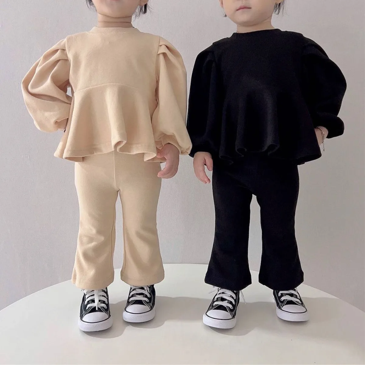 2024 Spring New Baby Girl Long Sleeve Clothes Set Kids Girls Puff Sleeve Sweatshirt + Flared Pants 2pcs Suit Children Outfits