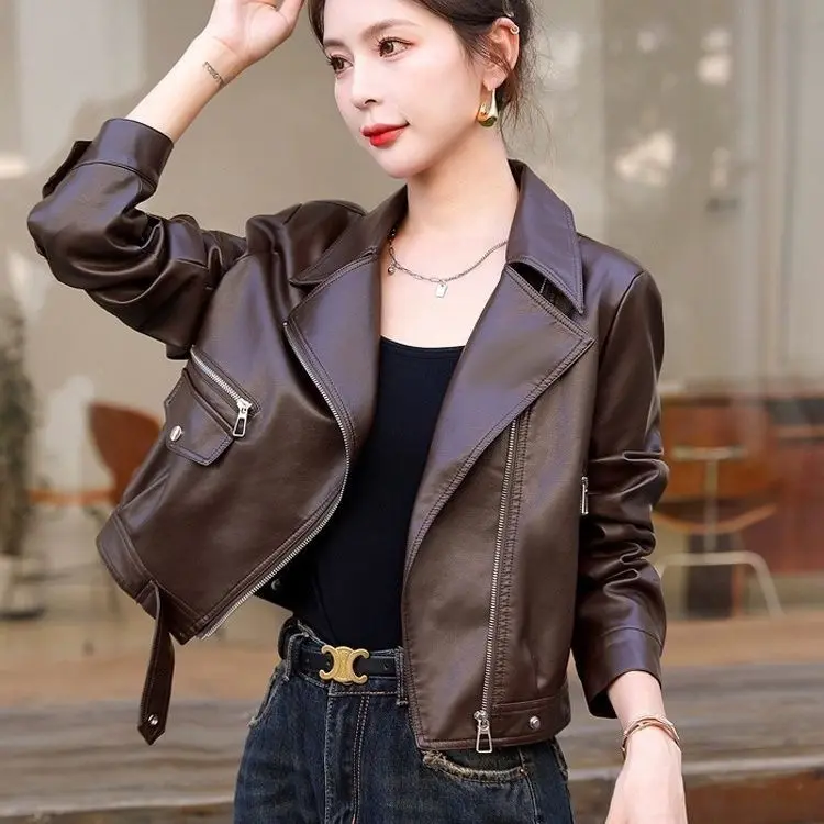 Fashion Leather Jacket Women 2026 Spring Autumn New Motorcycle Outwear Short Pu Leather Suit Collar Coat Joker Overwear Female