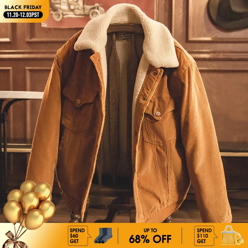 

Maden Мужская куртка из вельвета с имитацией овечьей шерсти Осенне-зимняя отворотный воротник однобортная застежка желтый имбирь толстая теплая куртка мужская теплая куртка для активного отдыха мужской винтажный стиль