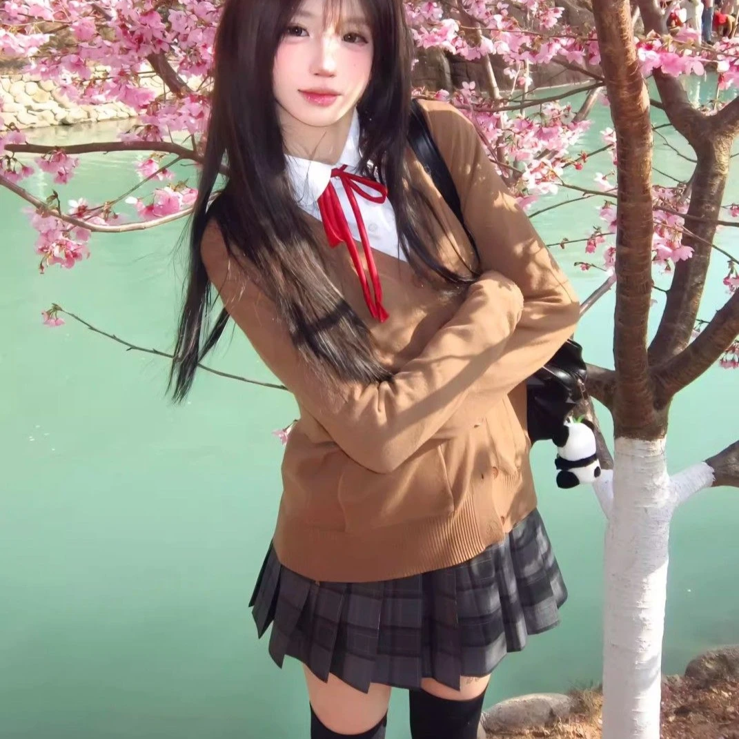 Japanese sweet JK Academy cardigan, embroidered color blocked V-neck knit open front with pocket, all season casual knit sweater