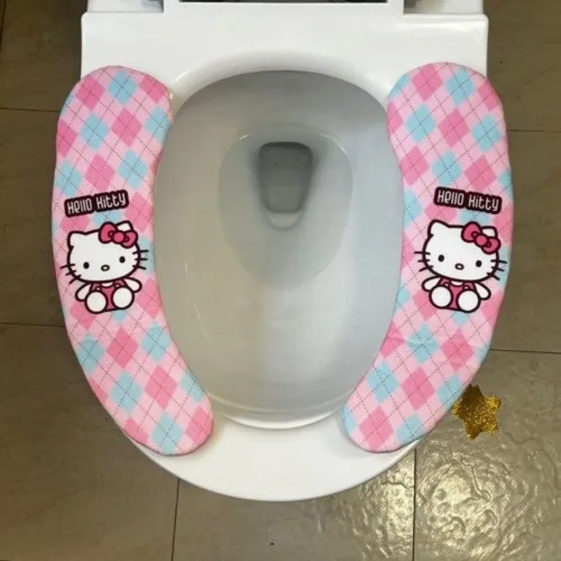 

New Sanrio Hello Kitty Kurome Reusable Warm Toilet Seat Pad Filled Bathroom Mat Seat Cover Thickened Cartoon Sticky Toilet Seat