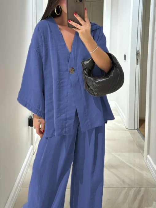 

Loose Casual Two Piece Set Fashion Solid Color V-neck Long Sleeved Button Top Wide Leg Pants Set Spring Commuter Women Clothing