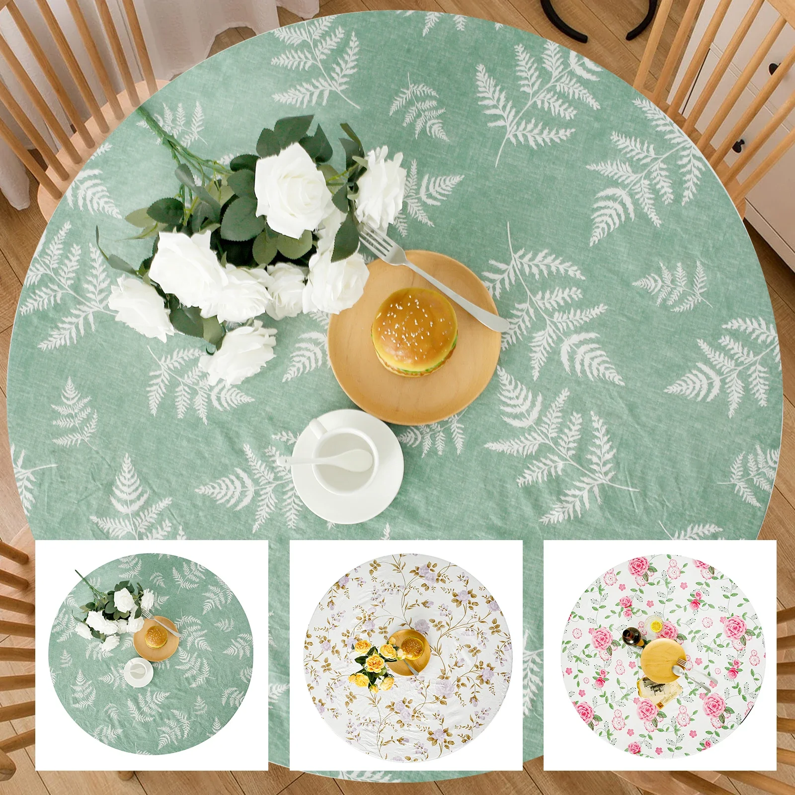 Round Table Cloth Vinyl Fitted Tablecloth Elastic Enduring Table Cloth for Christmas Birthday Wedding Party Home Dining Decor