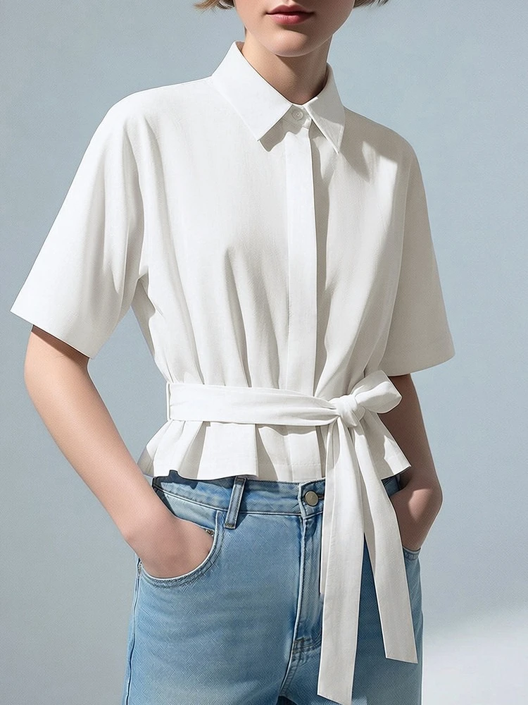 

Amii 100% Cotton Women's Shirt 2026 Summer New Lapel Collar Belted Dolman Sleeve Blouse Loose Casual Office Short Top 12642126