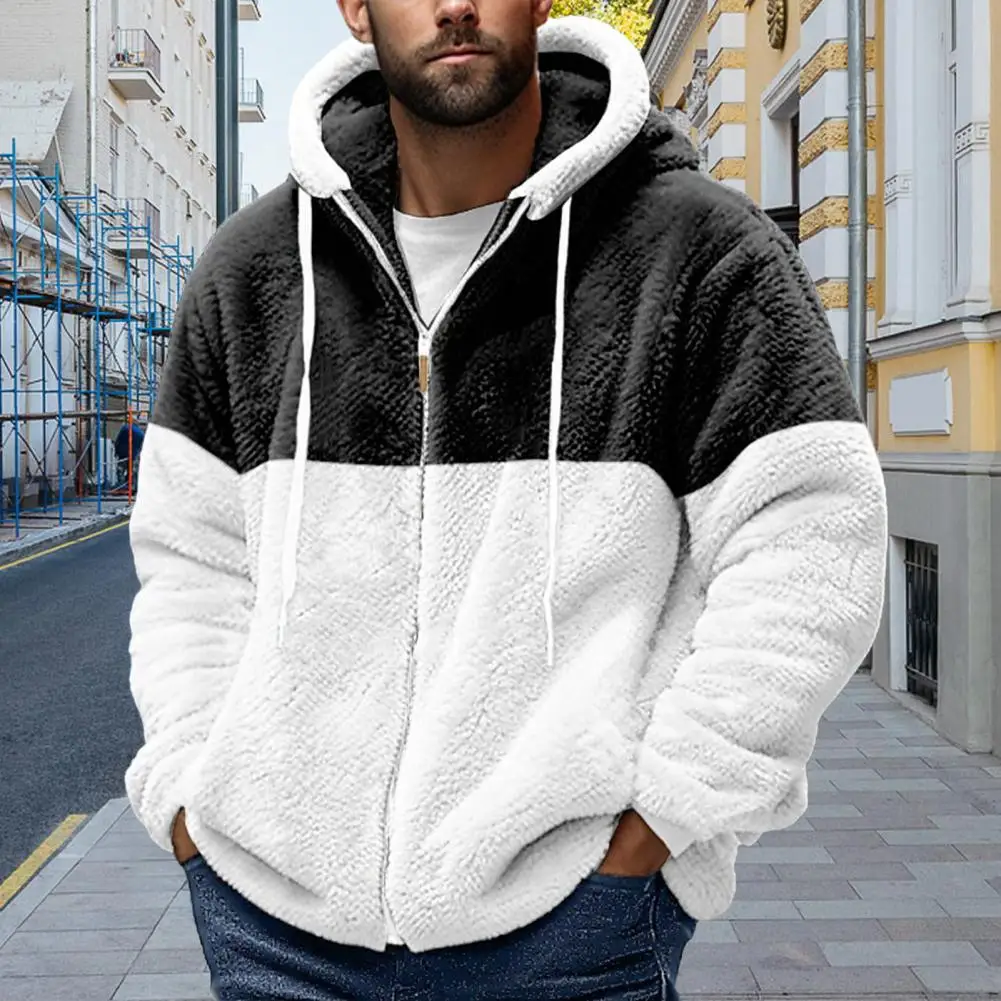 Men Winter Coat Thick Fleece Hoodie Drawstring Hooded Coat Colorblock Zip-up Windproof Cardigan Jacket Outdoor Travel Jacket