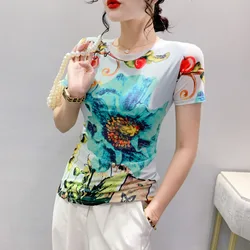 #5422 3d Print Tshirt Women Short Sleeve Summer Vintage T-shirt Thin Sexy Elastic Women's T-shirt Floral Short Women's Tee Shirt
