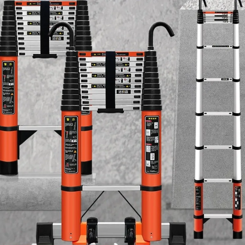 Aluminum Telescopic Ladder 5M 6M 8M Portable Straight Design With Hook Wheel For Engineering And Household Use