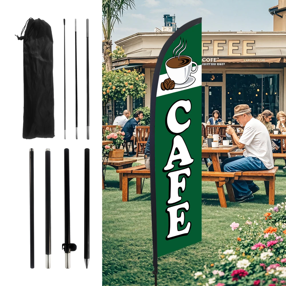 

CAFE Coffee Cup Green Feather Flag With Flagpole Outdoor Banner Decoration Advertising Sign For Shop And Studio