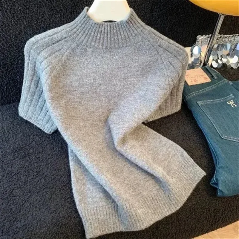 

Осенняя женская вязаная куртка с короткими рукавами, корейская женская мода, повседневный свитер, пальто, весенний женский пуловер с высоким воротником, вязаный топ