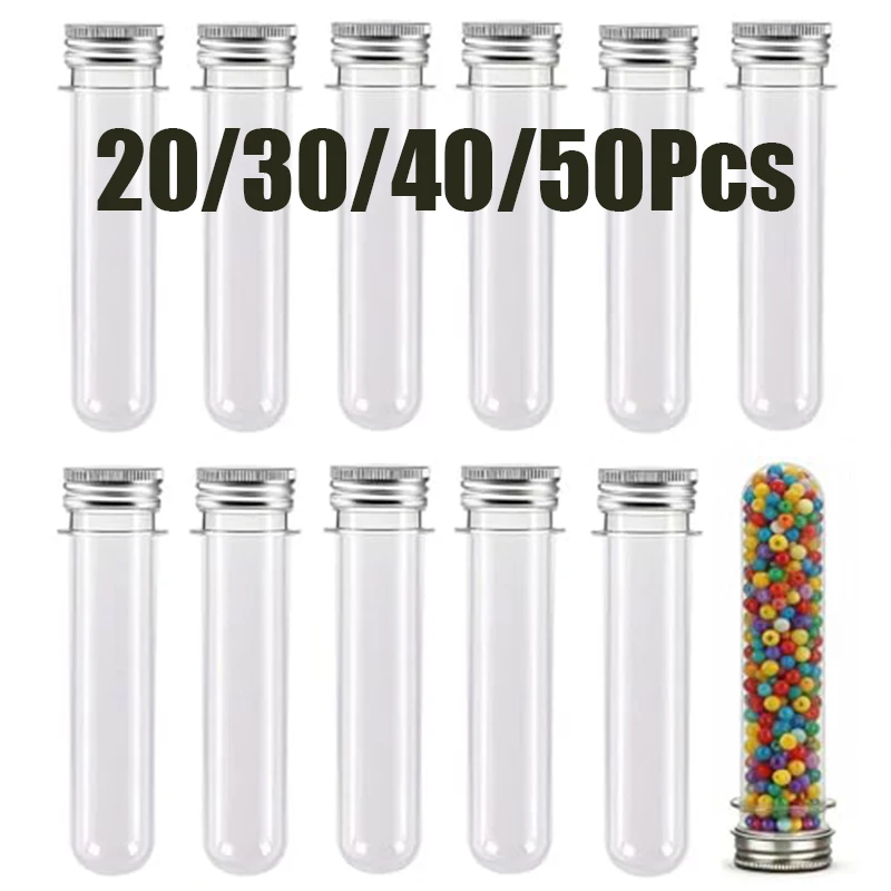 20-50Pcs 25×140mm Clear Plastic Test Tubes with Sealed Aluminum Caps, Reusable Empty Containers for DIY Crafts & Laboratory Use