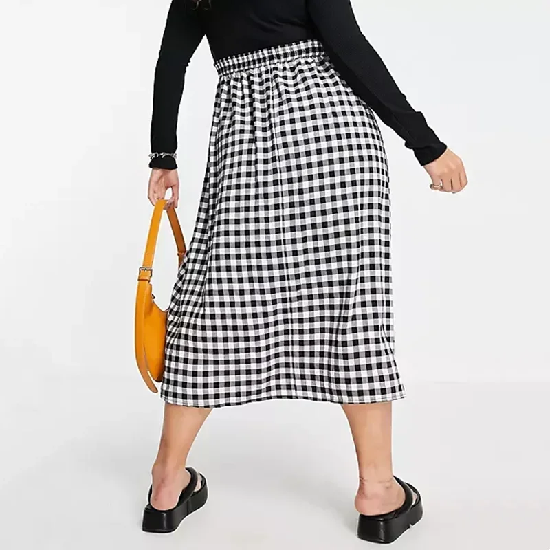 Plus Size Elastic Waist Black And White Checked Summer Elegant Midi Skirt Pocket Front Gingham A-line Skirt Large Size 6XL 7XL