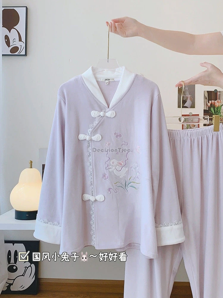 2024 estilo nacional chinês coelho padrão pijamas de veludo feminino outono inverno botão roxo estilo chinês casa wear terno b120