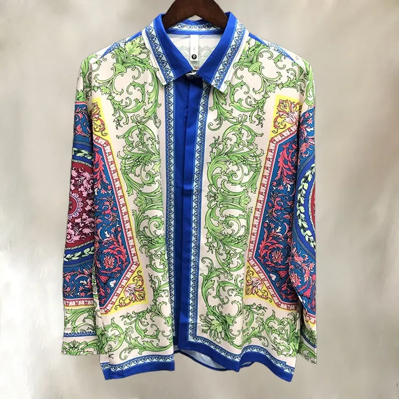 Holiday Casual Dress Men Clothes Hawaiian Shirts Bohemian Ethnic Retro Print Pattern Long Sleeve Shirt Slim Mode Chemise Homme