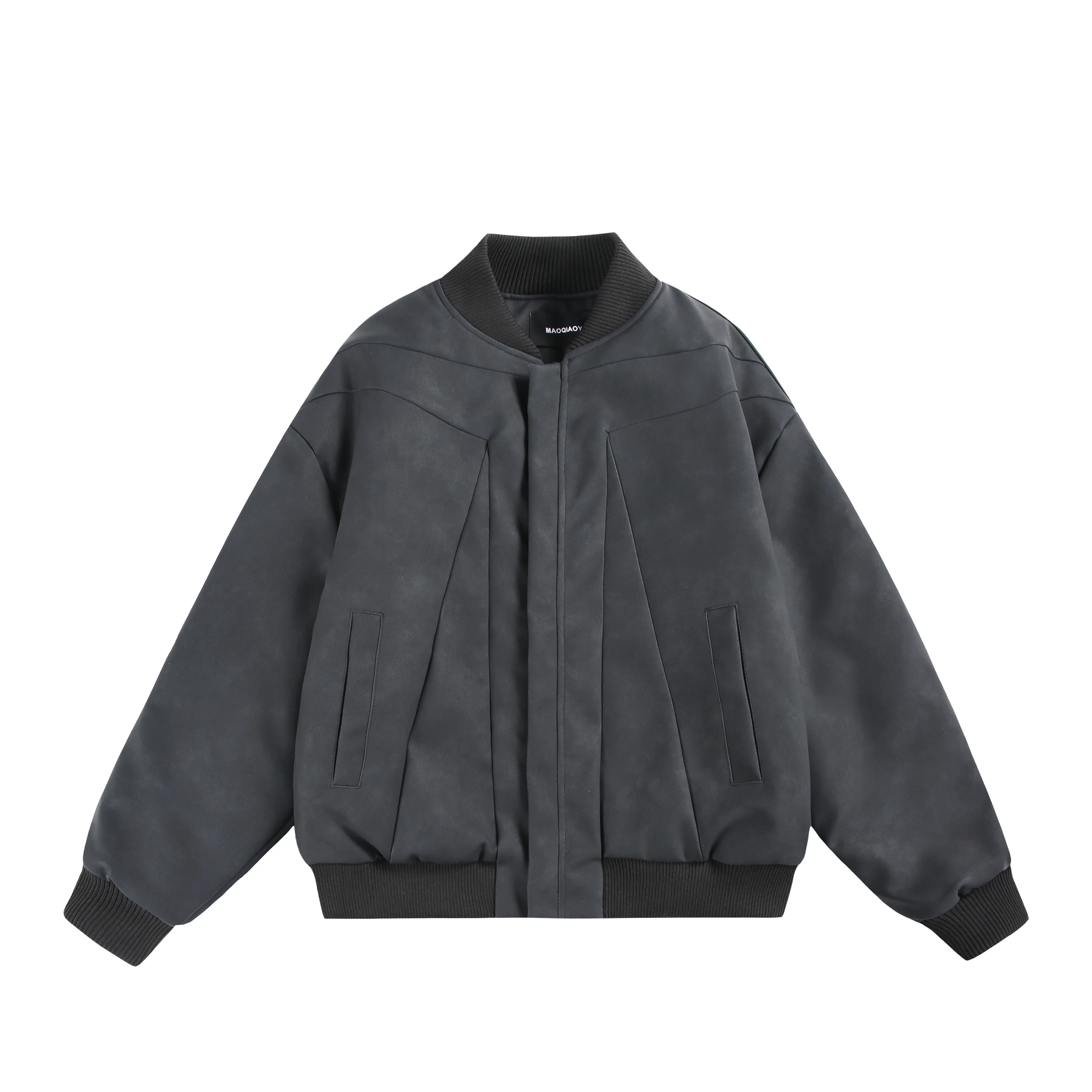 

MAO Winter Retro ex PU Leather Baseball Jaet Stand Collar Warm Patchwork Coat for Couples Thi Long Sve Zipper