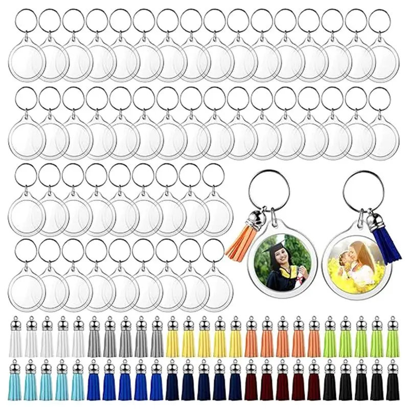 Customer Favorite 50 Sets Acrylic Photo Keychain With Tassels, DIY Custom Insert Photo Keyring Clear Blank Picture Keyring Easy