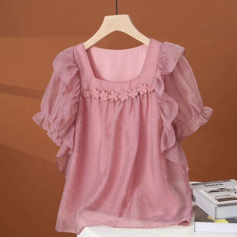 Blusa de gasa con cuello cuadrado para mujer, camisa de manga corta con volantes y lazo de encaje empalmado, Color sólido, Verano