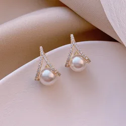 2024 White Imitation Pearl Crystal Rhinestone Stud Earrings for Women New Personality Trendy Jewelry Wholesale Girlfriend Gift