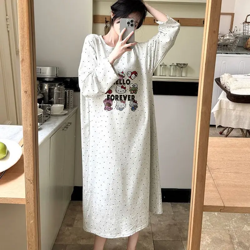 

Hello Kitty Women Sleeping Skirt Kawaii Cartoon Student Autumn Long Sleeves Sleeping Pajamas Thin Style Home Clothes Dress New