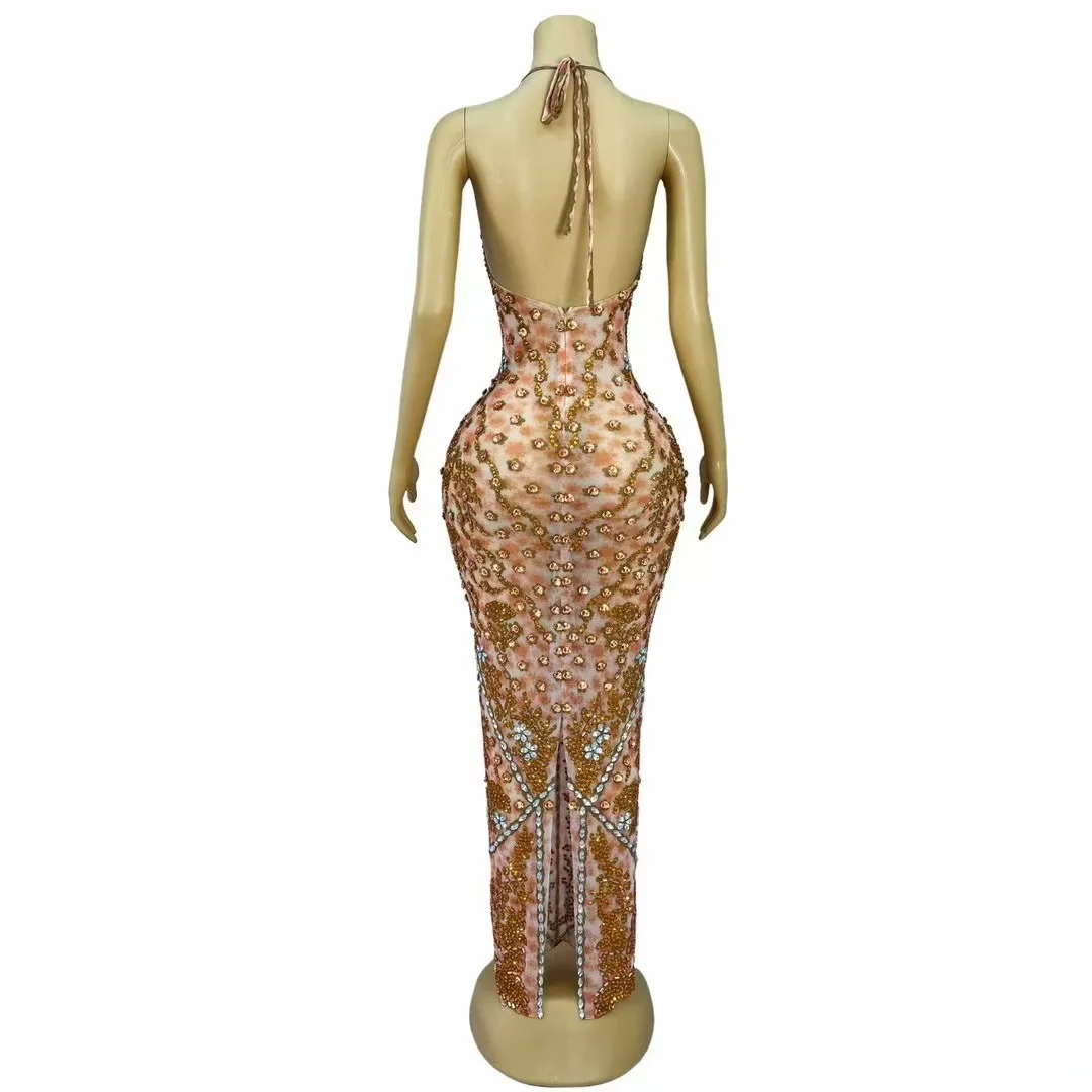 Sparkly Rhinestones Sexy Stage Bandage V-neck Backless Dress Wedding Birthday Cocktail party Evening Gown Photoshoot Costume